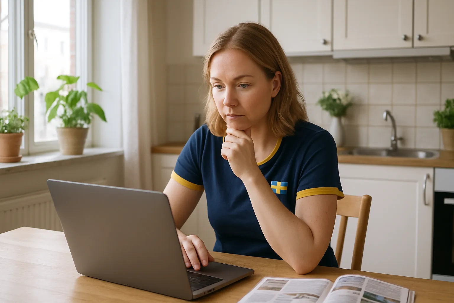 Kvinna jämför bredbandserbjudanden på laptop i köket