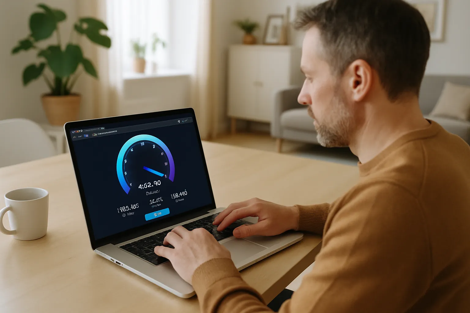 Person gör ett hastighetstest på laptop hemma