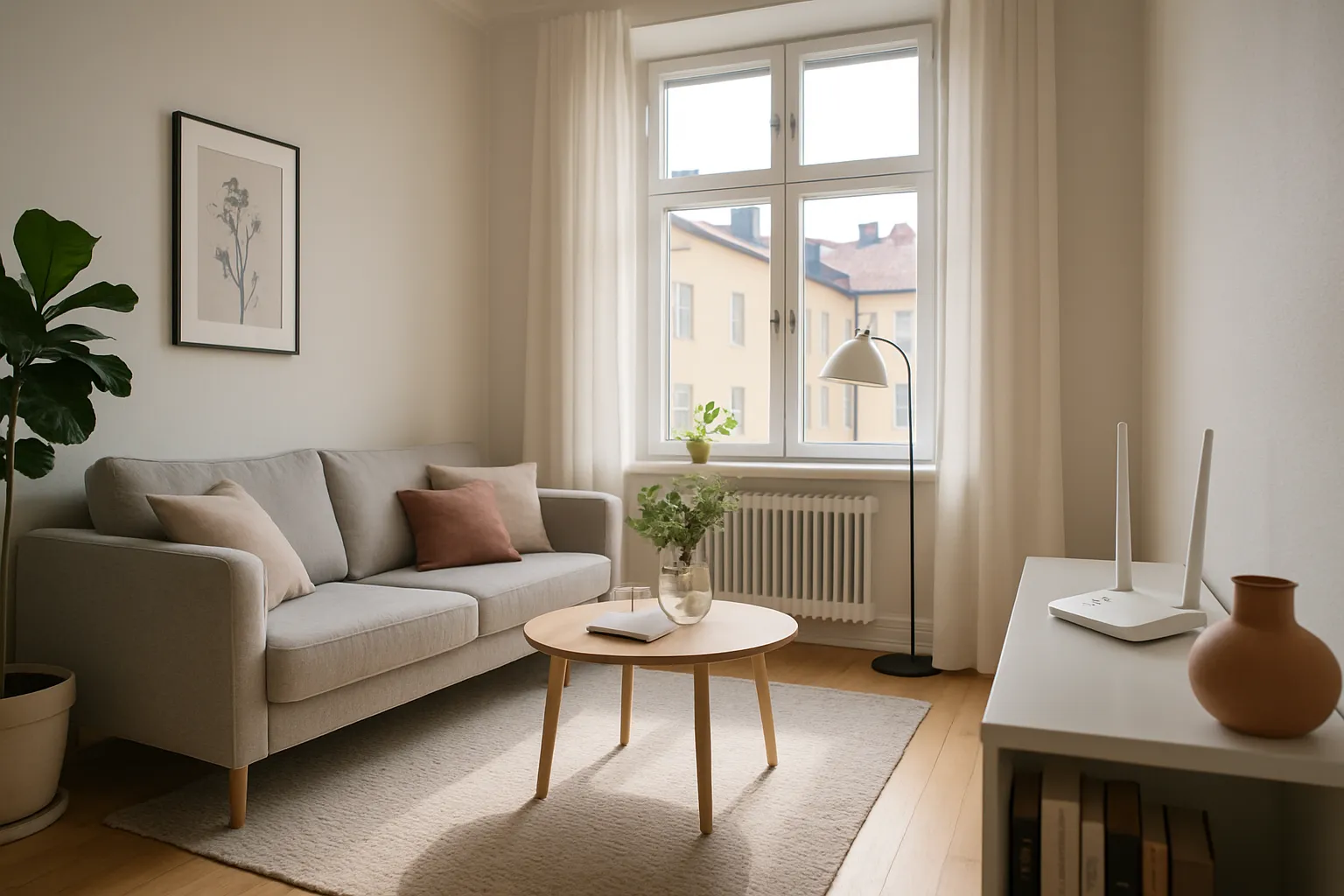 Modernt vardagsrum i svensk lägenhet med wifi-router