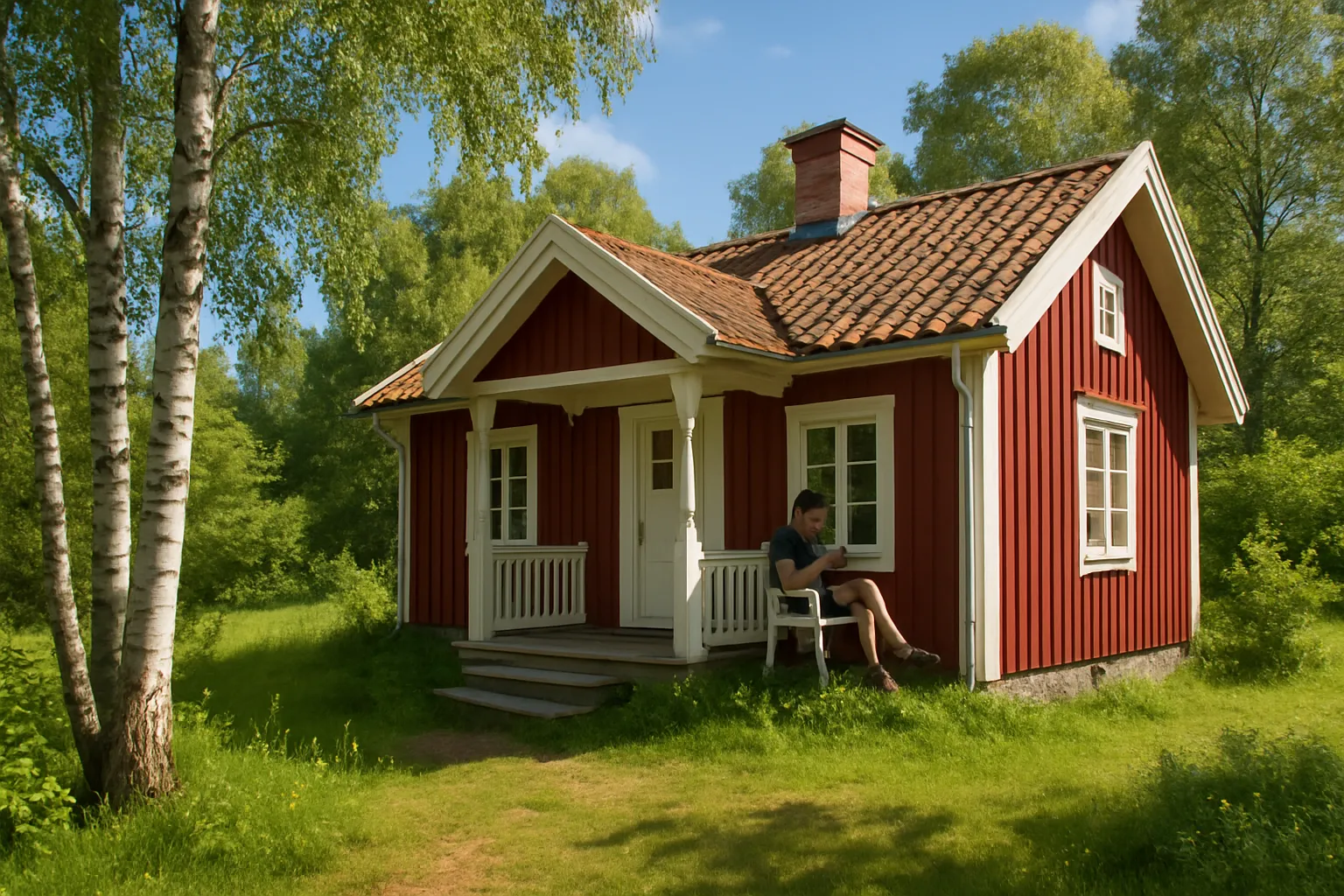 Röd stuga omgiven av björkar en sommardag