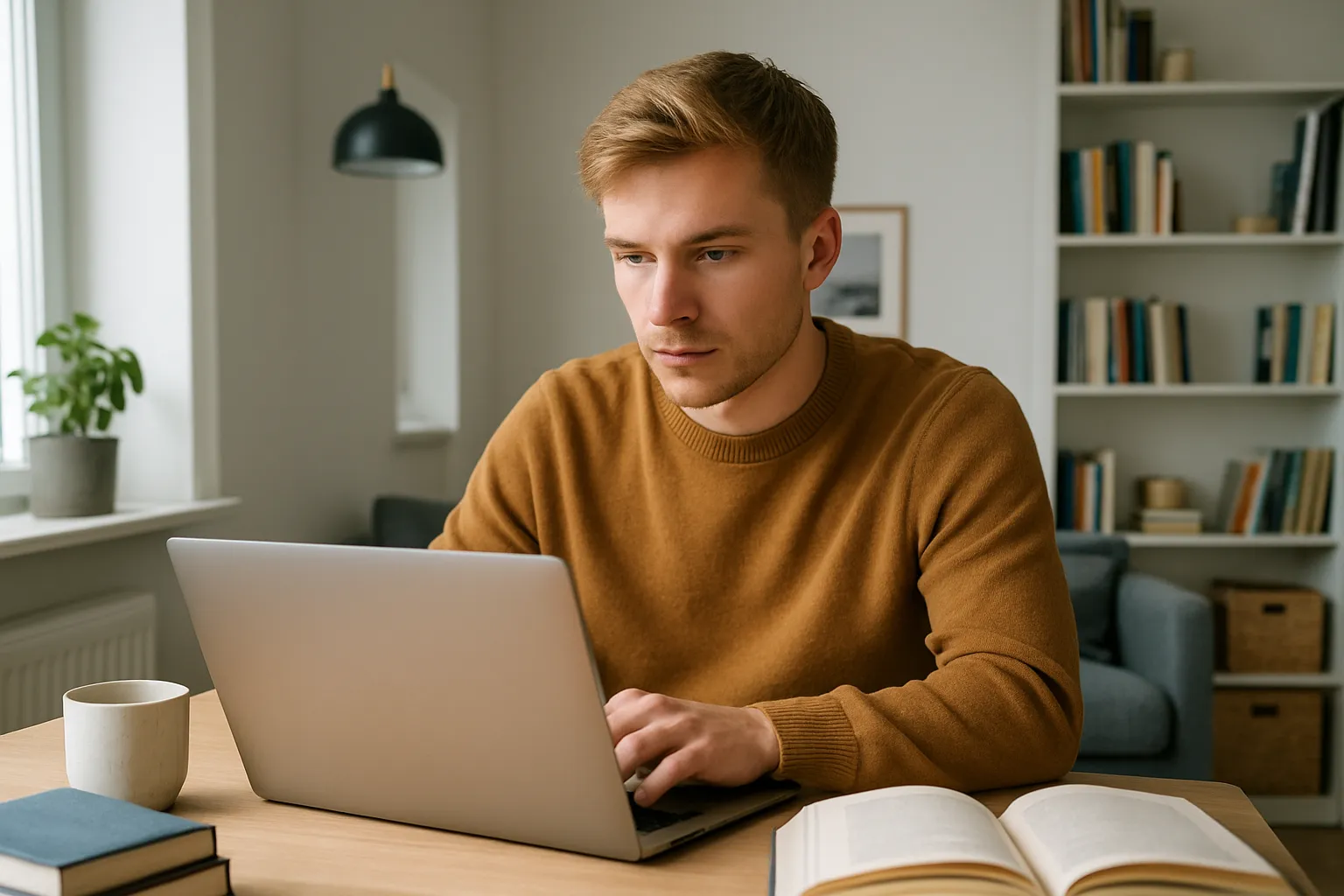 Student studerar med laptop i lägenhet